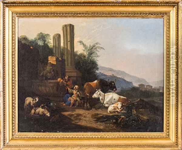 Paysage De Ruines Avec Une Gardienne De Troupeau Oil Painting - Johann Heinrich Roos