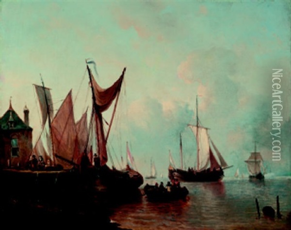 Heimkehrende Kustensegler Vor Einem Hollandischen Hafen. Abendstimmung Oil Painting - Elias Pieter van Bommel