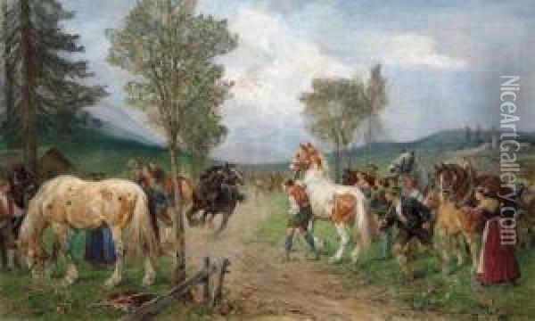 At The Horse Market Oil Painting - Julius von Blaas