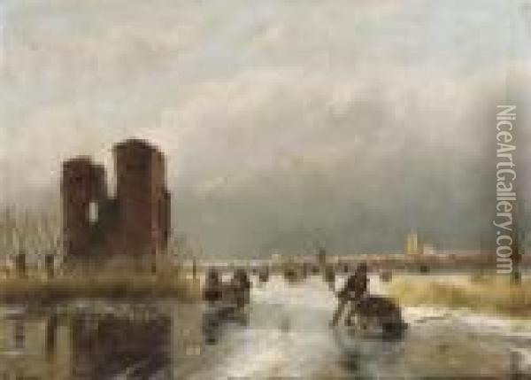 Numerous Skaters By A Ruin, A Town Beyond Oil Painting - Andreas Schelfhout