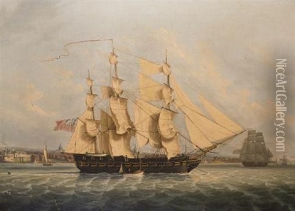 A Privateer Anchored In The Mersey And Drying Her Sails In A Fresh Breeze Oil Painting - Robert Salmon