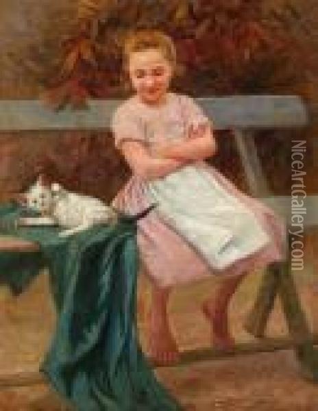 Girl With Cat Oil Painting - Geza Peske