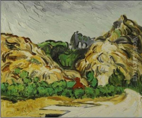 Mountains At St. Remy With Dark Cottage Oil Painting - Vincent Van Gogh