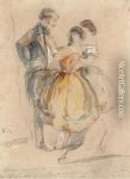 Un Homme Avec Deux Femmes, Dont L'une Retirant Une Epingle A Cravate Oil Painting - Paul Gavarni