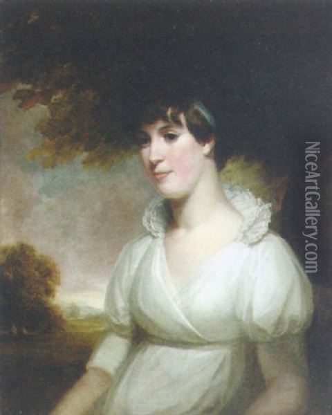 Portrait Of Mrs. Edward Astle, Wearing A White Dress, In A Landscape Oil Painting - Sir John Hoppner