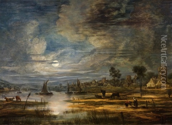Landscape In The Moonlight Oil Painting - Aert van der Neer
