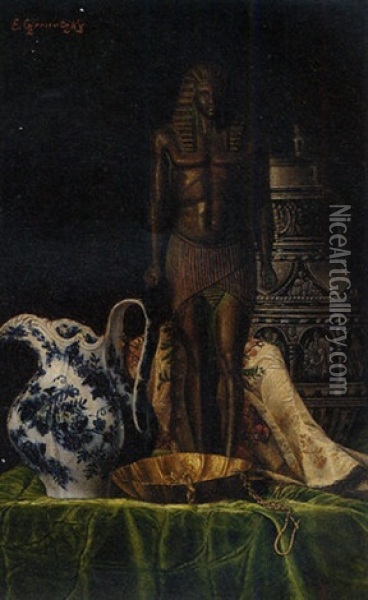 A Pharaoh Statue Amongst Other Curiosities Oil Painting - Ernst Czernotzky