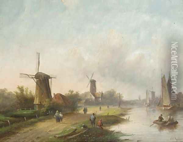 Summer windmills along a river Oil Painting - Jan Jacob Coenraad Spohler