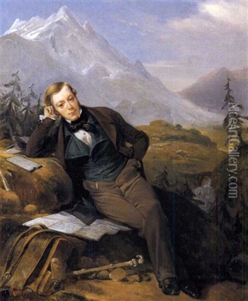 Ritratto Di Un Geografo In Un Paesaggio Montano Oil Painting - Heinrich Frederic Schopin
