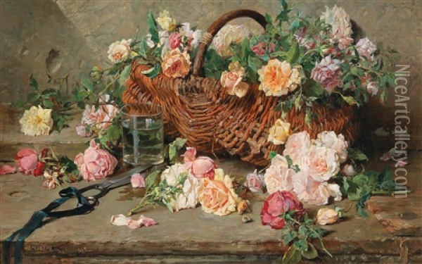 Still Life Of Roses With Basket Oil Painting - Francois Adolphe Grison