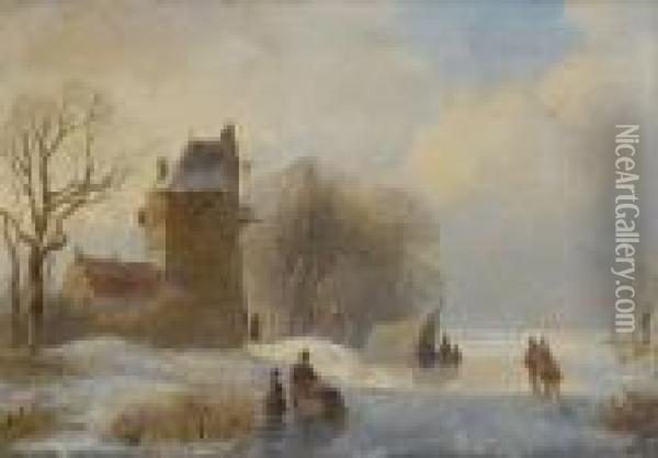 Skaters On The Ice By A Farmhouse Oil Painting - Andreas Schelfhout