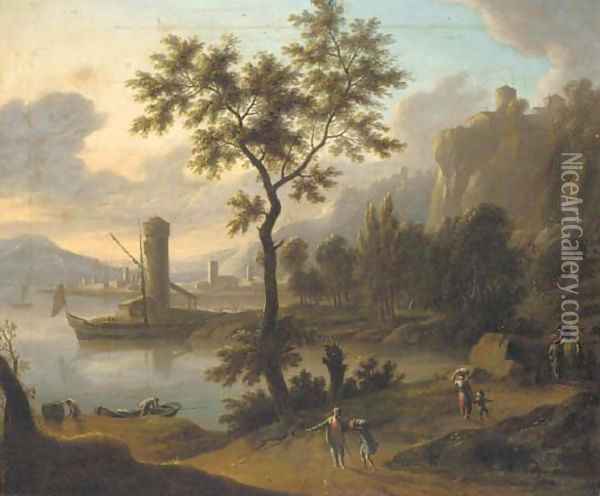 A coastal landscape with travellers on a path Oil Painting - Johann Christian Vollerdt or Vollaert