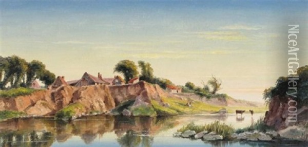Cattle Watering On The River Bank By A Village Oil Painting - Sarah Louise Kilpack