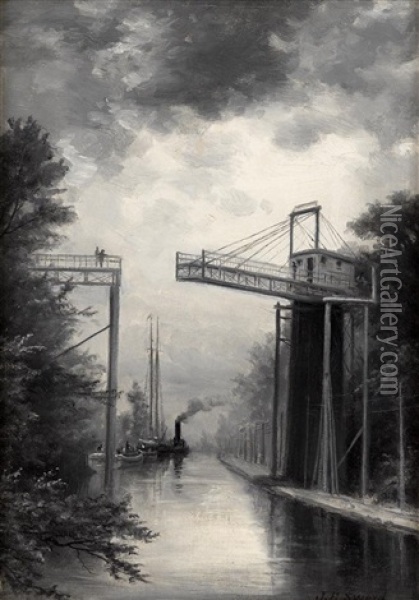 Delaware Canal Bridge Oil Painting - James Brade Sword
