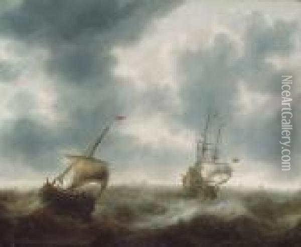 A Dutch Merchantman, A Pink And Other Shipping In Rough Seas Oil Painting - Jacob Adriaensz. Bellevois
