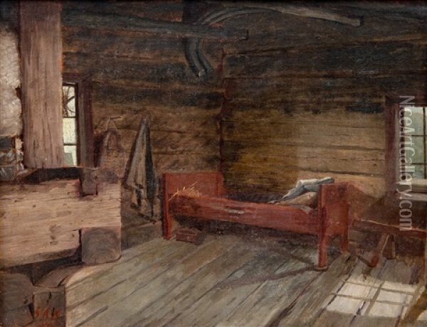 In The Hut Oil Painting - Sigfrid August Keinanen