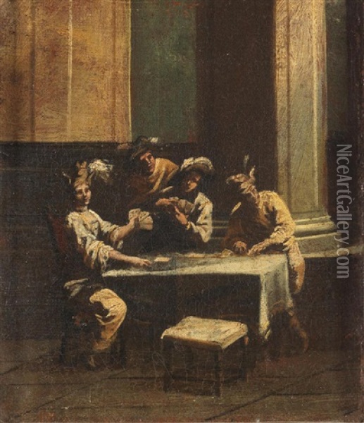 Figures Playing Cards At Table; And Figures Dining In An Interior (2) Oil Painting - Alessandro Magnasco
