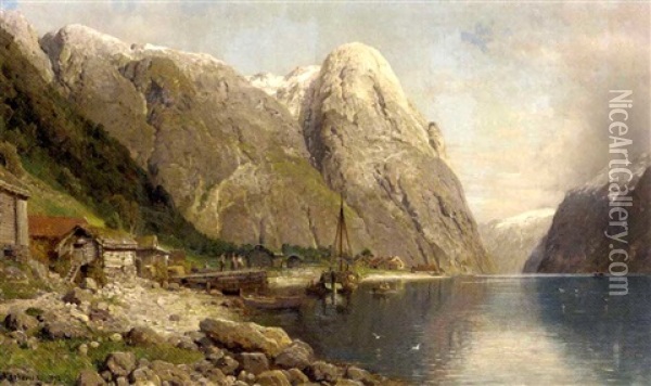 A Village By A Fjord Oil Painting - Anders Monsen Askevold