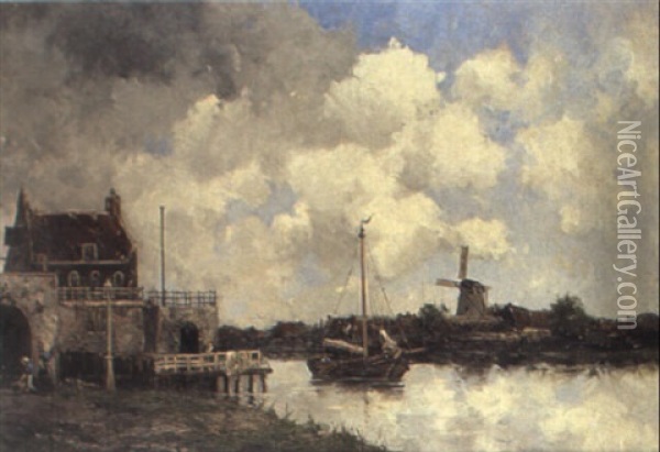 A Dutch Canal Scene Oil Painting - Hermanus Koekkoek the Younger