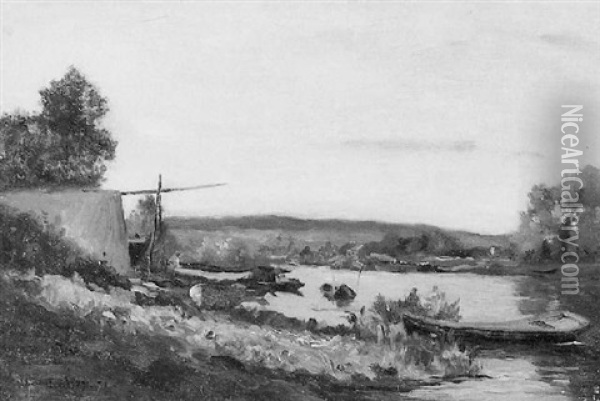 Punts On The River Bank Oil Painting - Hippolyte Camille Delpy