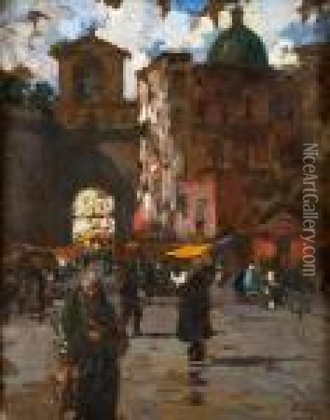 Piazza Con Mercato A Napoli Oil Painting - Vincenzo Irolli