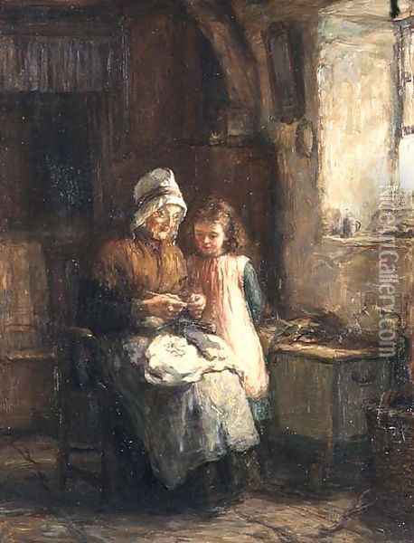 Dropping a Stitch, 1883 Oil Painting - Hugh Cameron