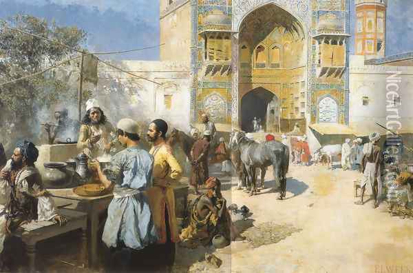 An Open Air Restaurant Lahore Oil Painting - Edwin Lord Weeks