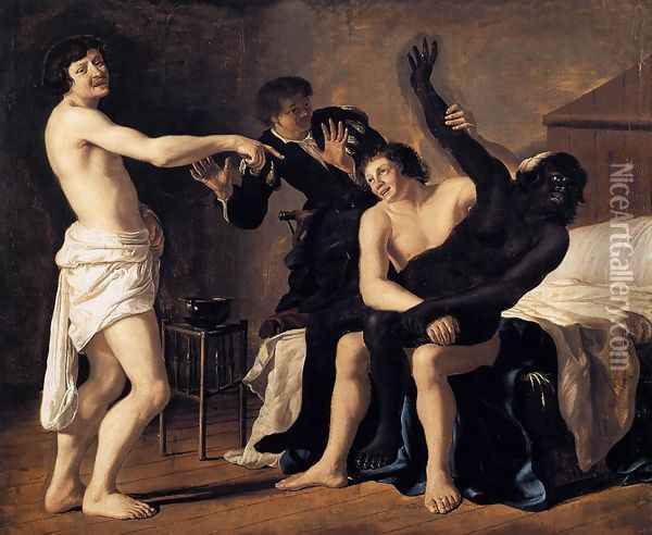 Three Young White Men and a Black Woman 1632 Oil Painting - Christiaen van Couwenbergh