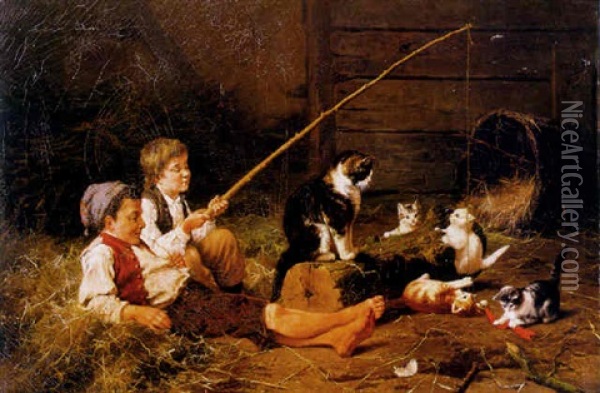 Playing In The Barn Oil Painting - Eugene Remy Maes