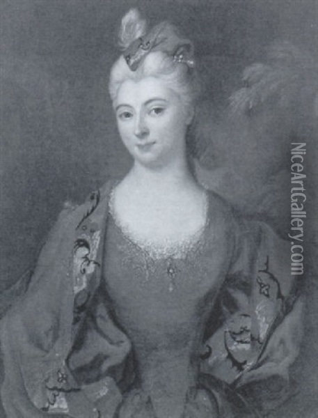 Portrait De Jeune Femme A La Robe Rouge Sur Fond De Paysage Oil Painting - Nicolas de Largilliere