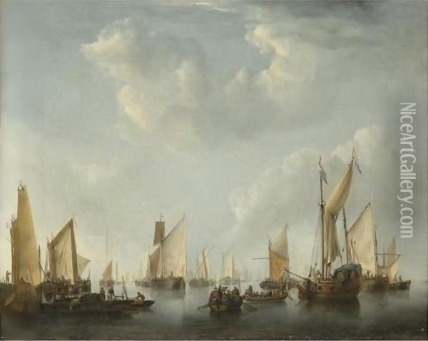 A Calm, With A States Yacht And Other Vessels In A Crowded Harbour Scene Oil Painting - Willem van de, the Elder Velde
