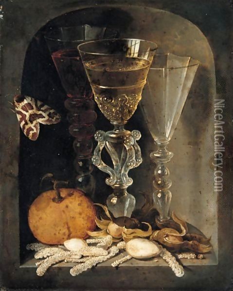 A Still Life Of Three Wine Glasses, An Orange, Sweetmeats, Hazelnuts And A Moth In A Stone Niche Oil Painting - Osias, the Elder Beert