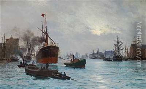 En Bugsering I Kobenhavns Havn Oil Painting - Vilhelm Karl Ferdinand Arnesen
