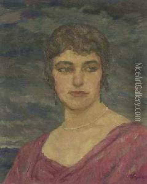 Portrait Einer Dame Mit Perlencollier Und Rotem Kleid Oil Painting - Hans Unger