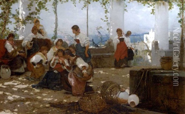 Women On A Terrace, Capri Oil Painting - Anselmo Guinea y Ugalde