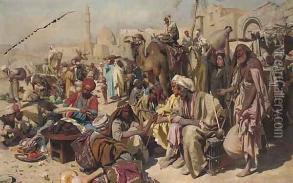 Street musicians at the bazaar Oil Painting - Carl Leopold Mutller