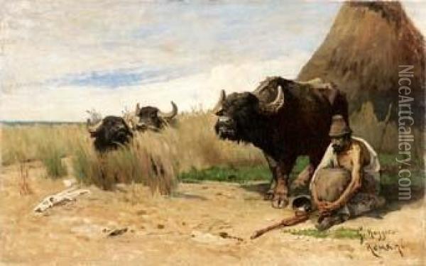 Bufali Nella Palude Oil Painting - Giuseppe Raggio