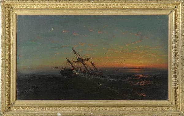 Ship In Distress Under A Luminous Sky Oil Painting - James Hamilton