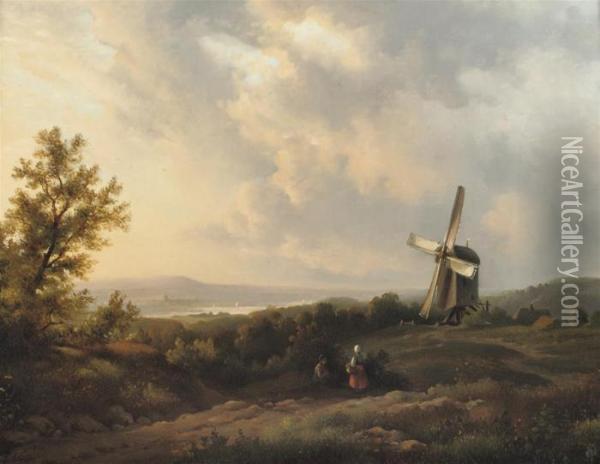 A Panoramic Summer Landscape With A Windmill Oil Painting - Lodewijk Johannes Kleijn