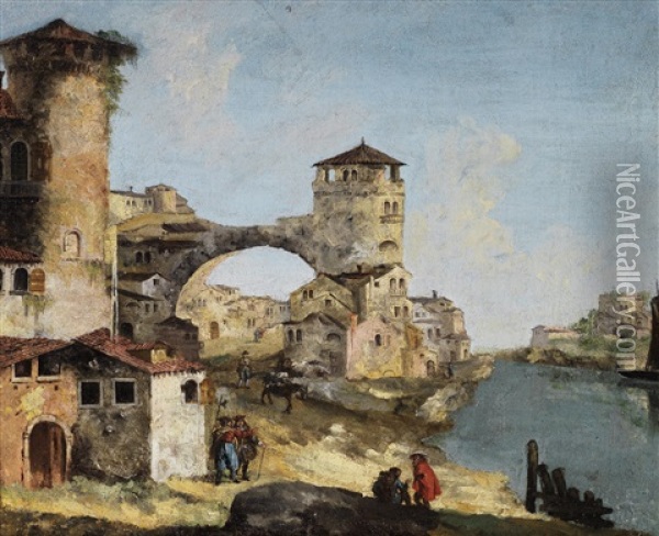 An Architectural Capriccio With Figures Before A River Oil Painting - Michele Marieschi