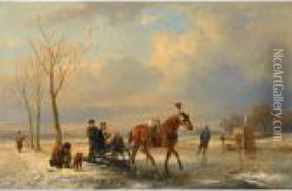 A Winter Landscape With Figures On A Sleigh, A 'koek En Zopie' In The Background Oil Painting - Anton Mauve