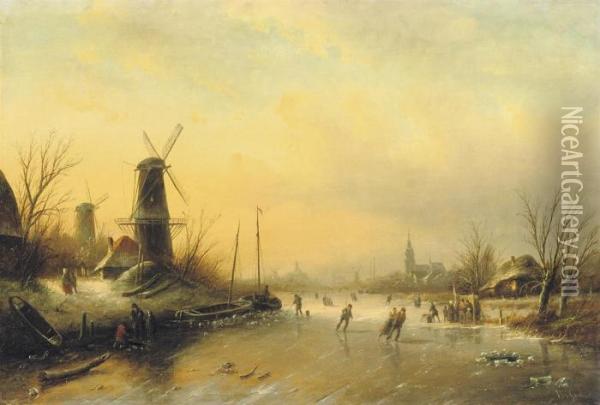 Skaters On The Ice With A City Beyond Oil Painting - Jan Jacob Coenraad Spohler