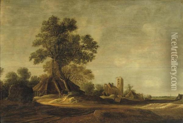 A Wooded Dune Landscape With Two Travellers Resting Under A Treenear A Small Village Oil Painting - Jan van Goyen