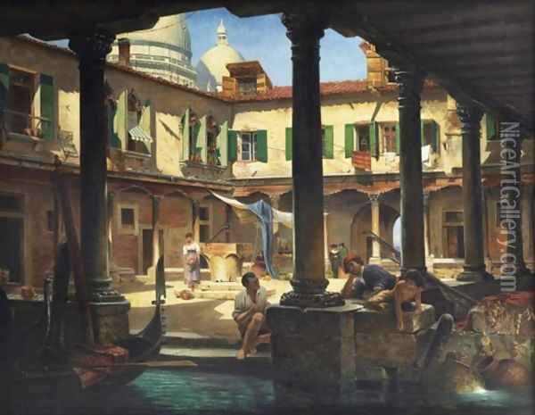 Personnages dans la cour de San Gregorio a Venise Oil Painting - Antonietta Brandeis