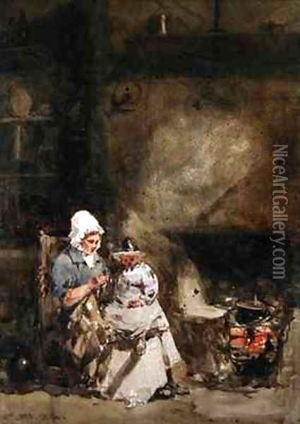 A Woman and Child by a Hearth Oil Painting - William (of Bristol) Evans