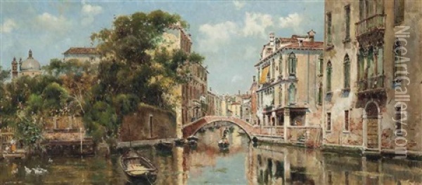 A Gondolier Before A Venetian Bridge Oil Painting - Antonio Maria de Reyna Manescau
