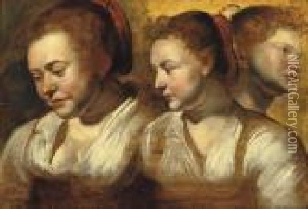 Three Studies Of A Young Woman Oil Painting - Peter Paul Rubens