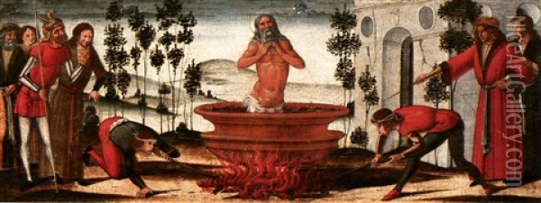 Saint John The Evangelist In A Vat Of Boiling Oil:  A Predella Panel Oil Painting -  Benvenuto di Giovanni