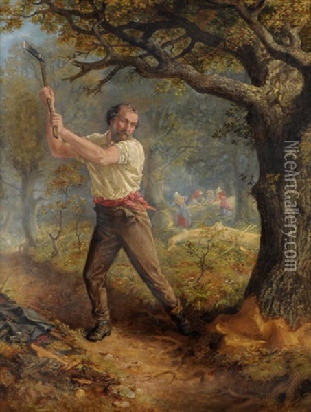 A Woodcutter Felling A Tree Oil Painting - Ralph Hedley