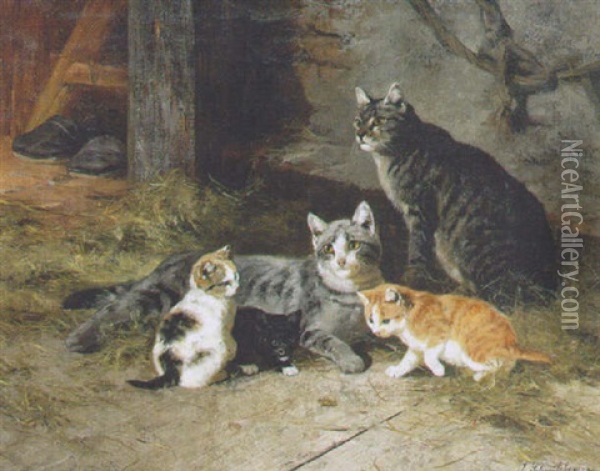 A Family Of Felines Oil Painting - Josef Schmitzberger